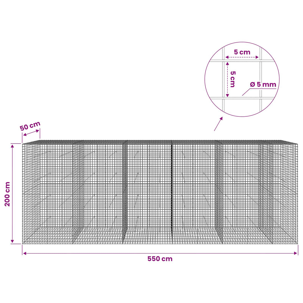 Γκαμπιόν με σύρμα 5 mm και πλέγμα 5x5 cm 550x50x200 εκ.