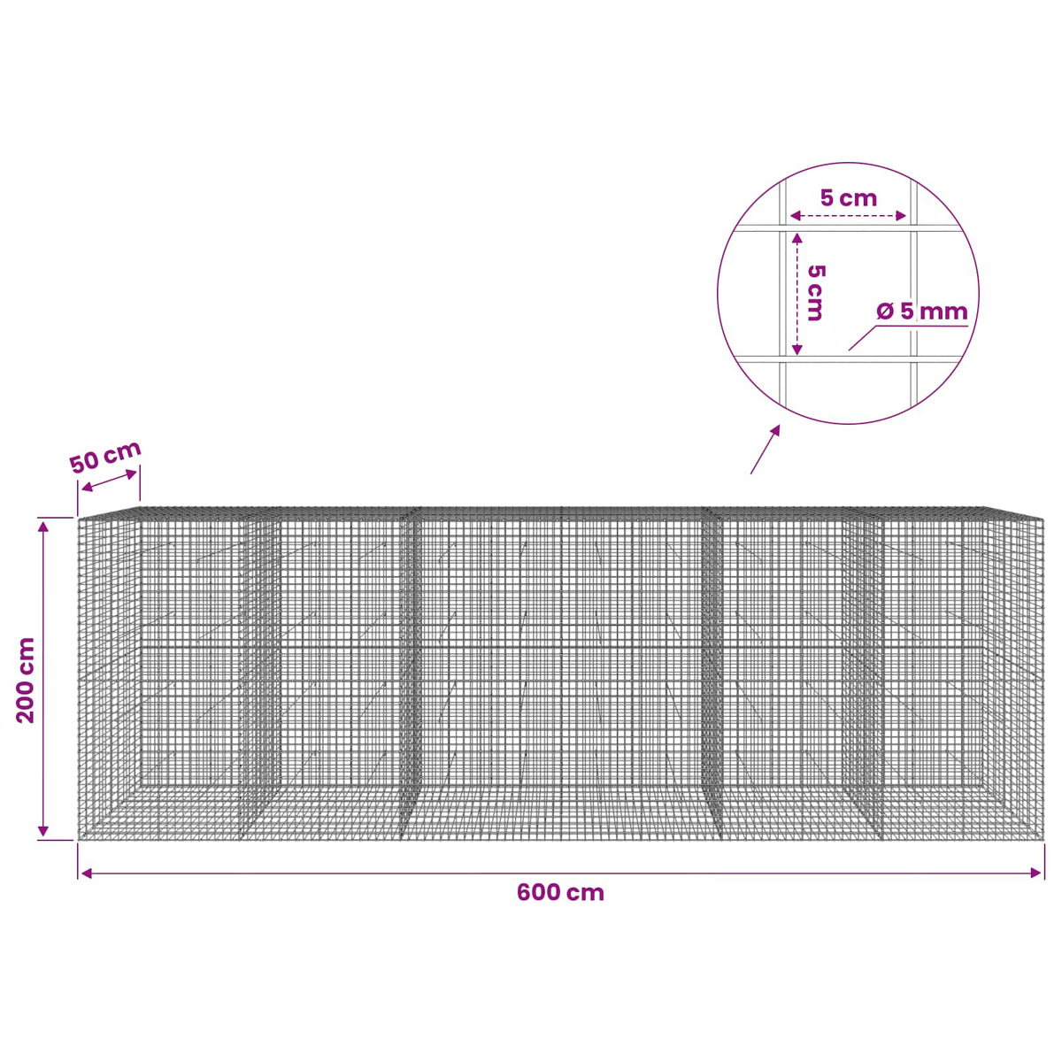 Γκαμπιόν με σύρμα 5 mm και πλέγμα 5x5 cm 600x50x200 εκ - Pakobazaar