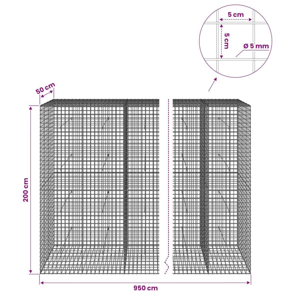Γκαμπιόν με σύρμα 5 mm και πλέγμα 5x5 cm 950x50x200 εκ