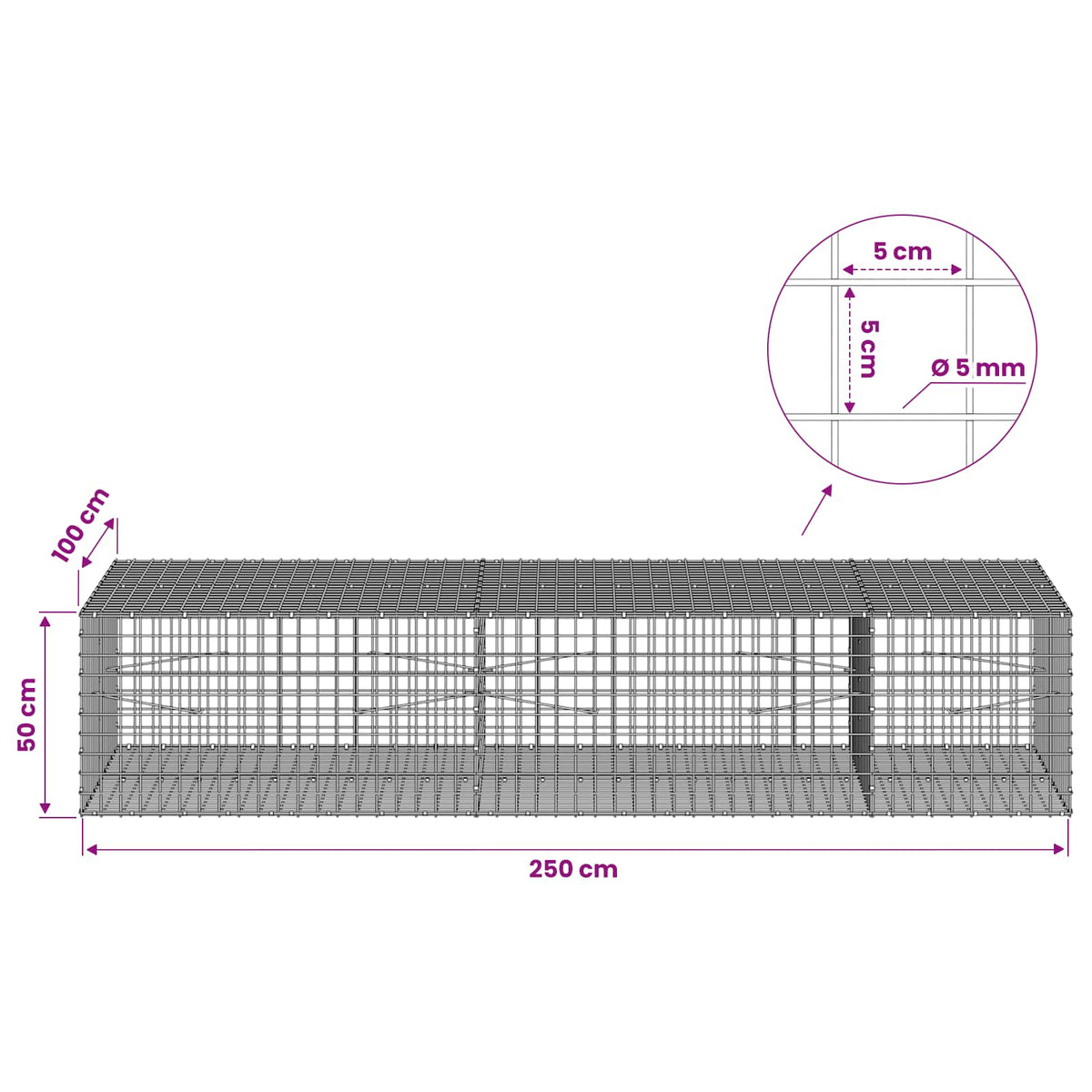 Γκαμπιόν με σύρμα 5 mm και πλέγμα 5x5 cm 250x100x50 εκ. - Pakobazaar