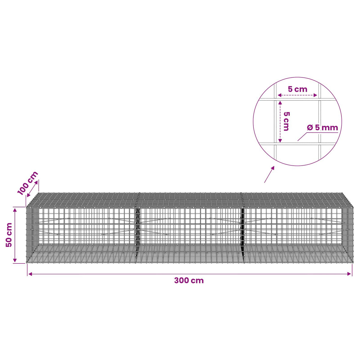 Γκαμπιόν με σύρμα 5 mm και πλέγμα 5x5 cm 300x100x50 εκ - Pakobazaar
