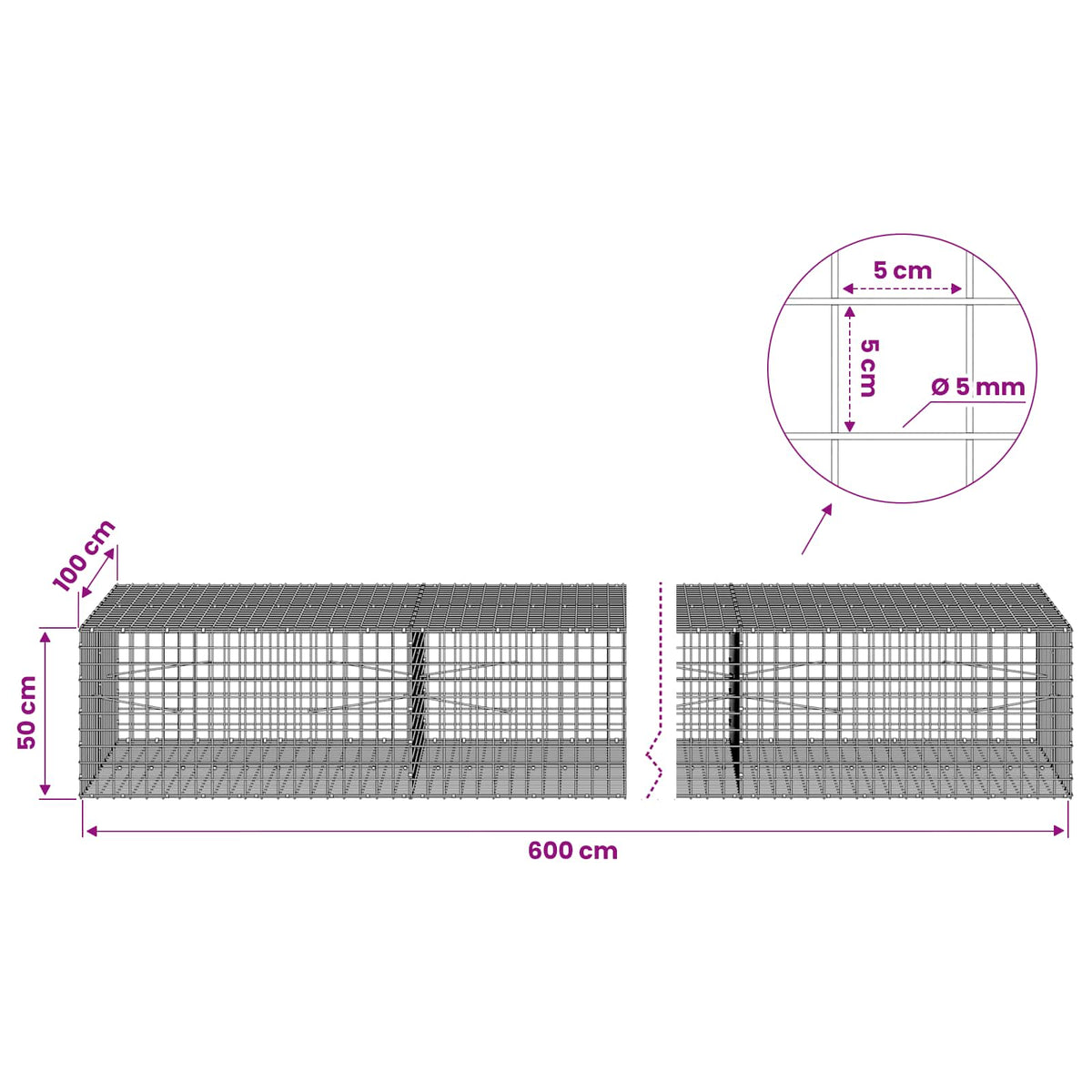 Γκαμπιόν με σύρμα 5 mm και πλέγμα 5x5 cm 600x100x50 εκ. - Pakobazaar