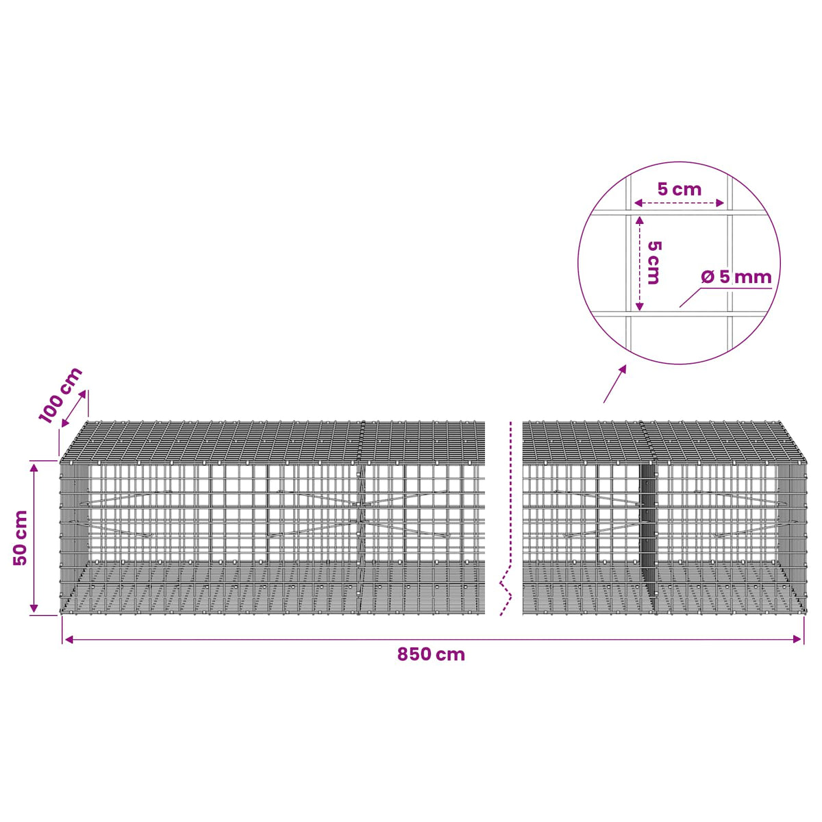 Γκαμπιόν με σύρμα 5 mm και πλέγμα 5x5 cm 850x100x50 εκ.