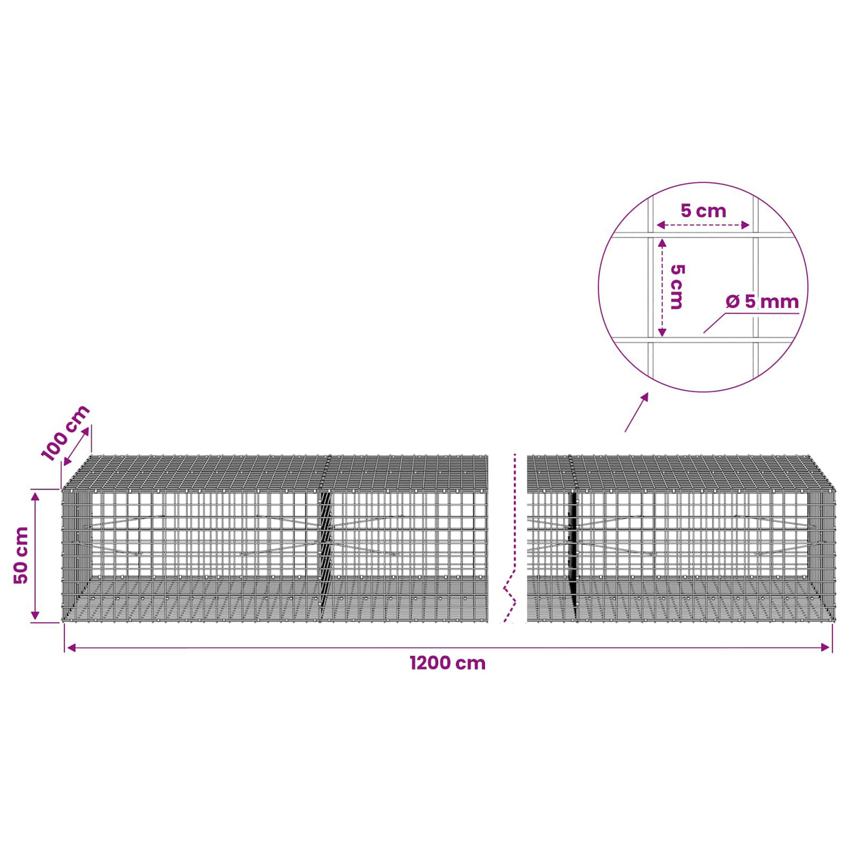 Γκαμπιόν με σύρμα 5 mm και πλέγμα 5x5 cm 1200x100x50 εκ - Pakobazaar