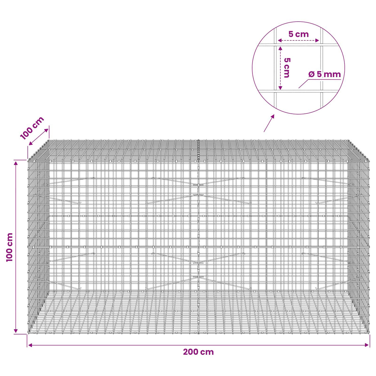 Γκαμπιόν με σύρμα 5 mm και πλέγμα 5x5 cm 200x100x100 εκ. - Pakobazaar