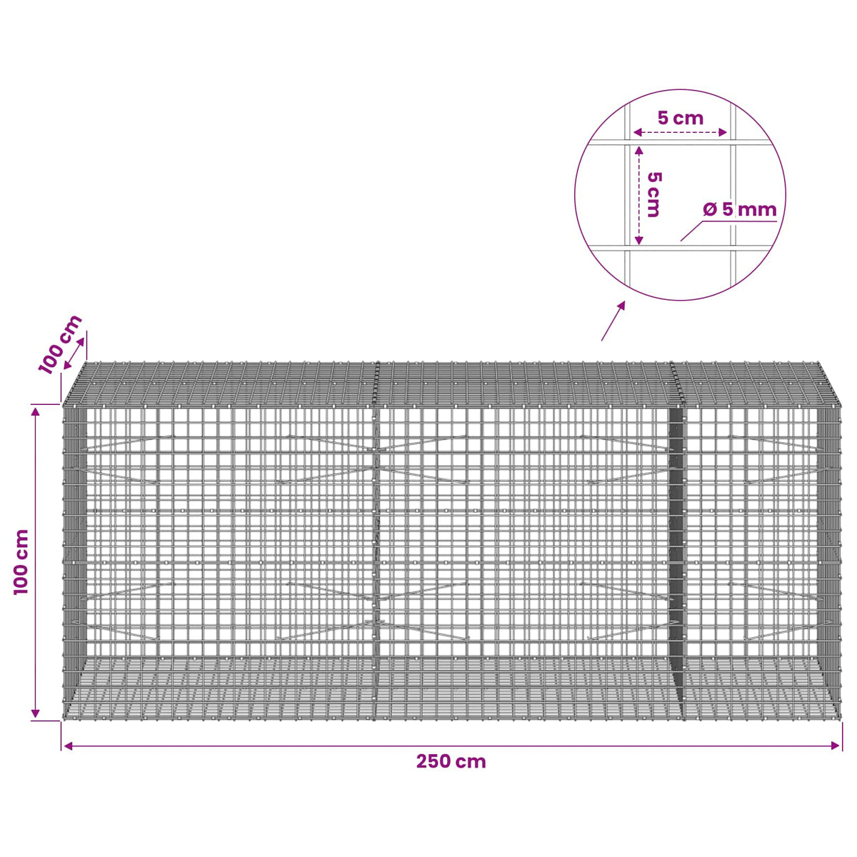 Γκαμπιόν με σύρμα 5 mm και πλέγμα 5x5 cm 250x100x100 εκ. - Pakobazaar