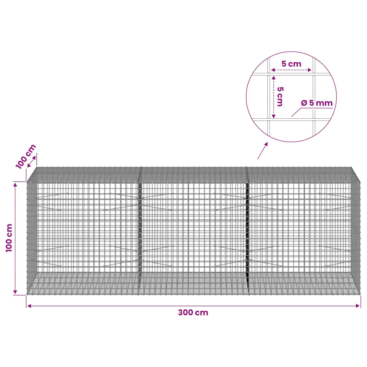 Γκαμπιόν με σύρμα 5 mm και πλέγμα 5x5 cm 300x100x100 εκ.