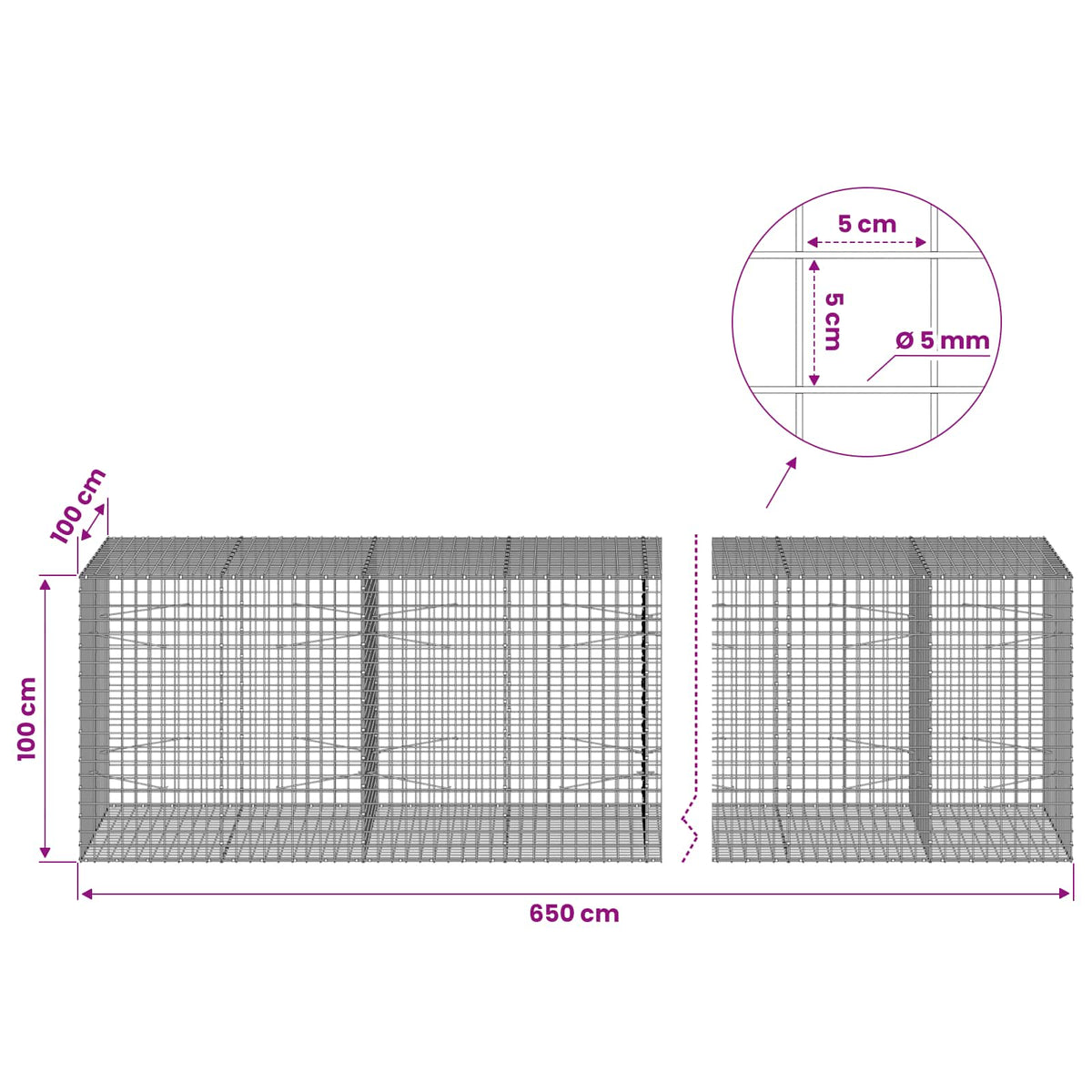 Γκαμπιόν με σύρμα 5 mm και πλέγμα 5x5 cm 650x100x100 εκ - Pakobazaar
