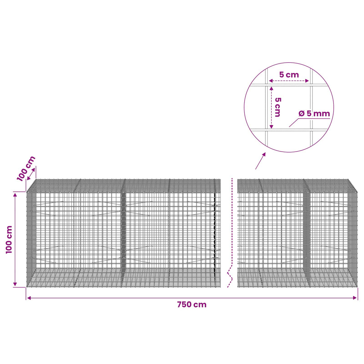 Γκαμπιόν με σύρμα 5 mm και πλέγμα 5x5 cm 750x100x100 εκ. - Pakobazaar