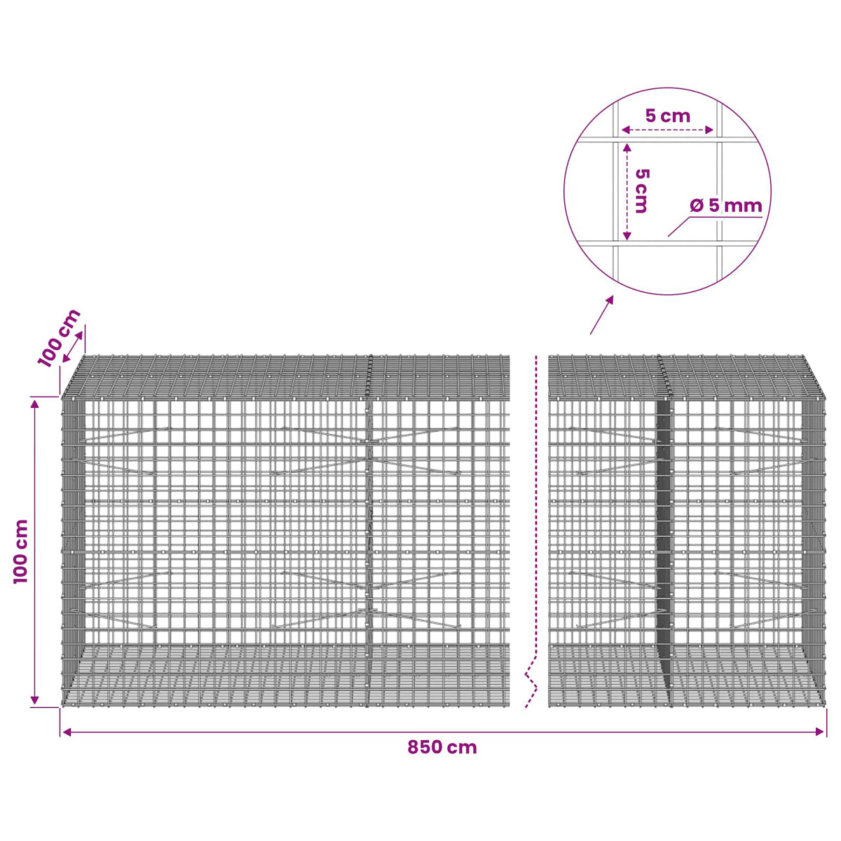 Γκαμπιόν με σύρμα 5 mm και πλέγμα 5x5 cm 850x100x100 εκ