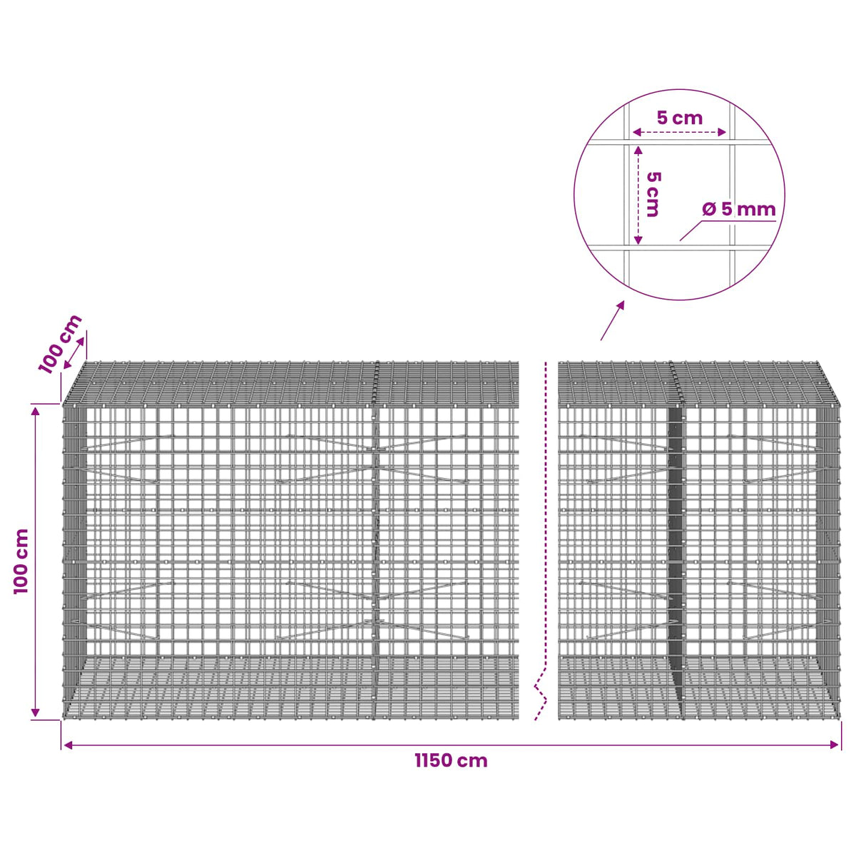 Γκαμπιόν με σύρμα 5 mm και πλέγμα 5x5 cm 1150x100x100 εκ. - Pakobazaar