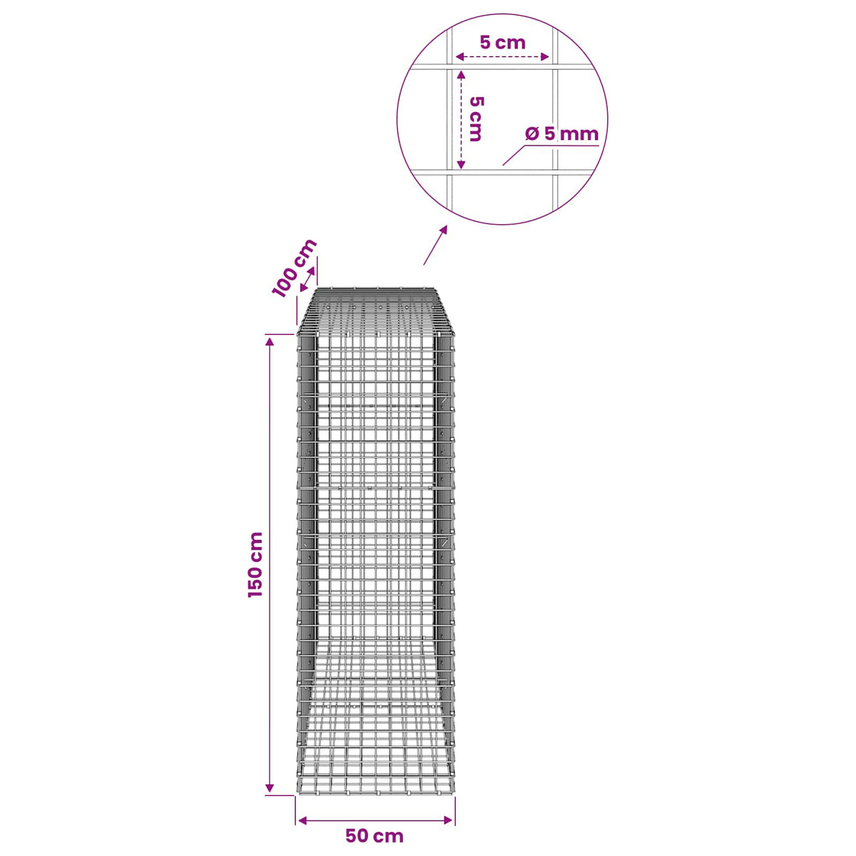 Γκαμπιόν με σύρμα 5 mm και πλέγμα 5x5 cm 50x100x150 εκ. - Pakobazaar