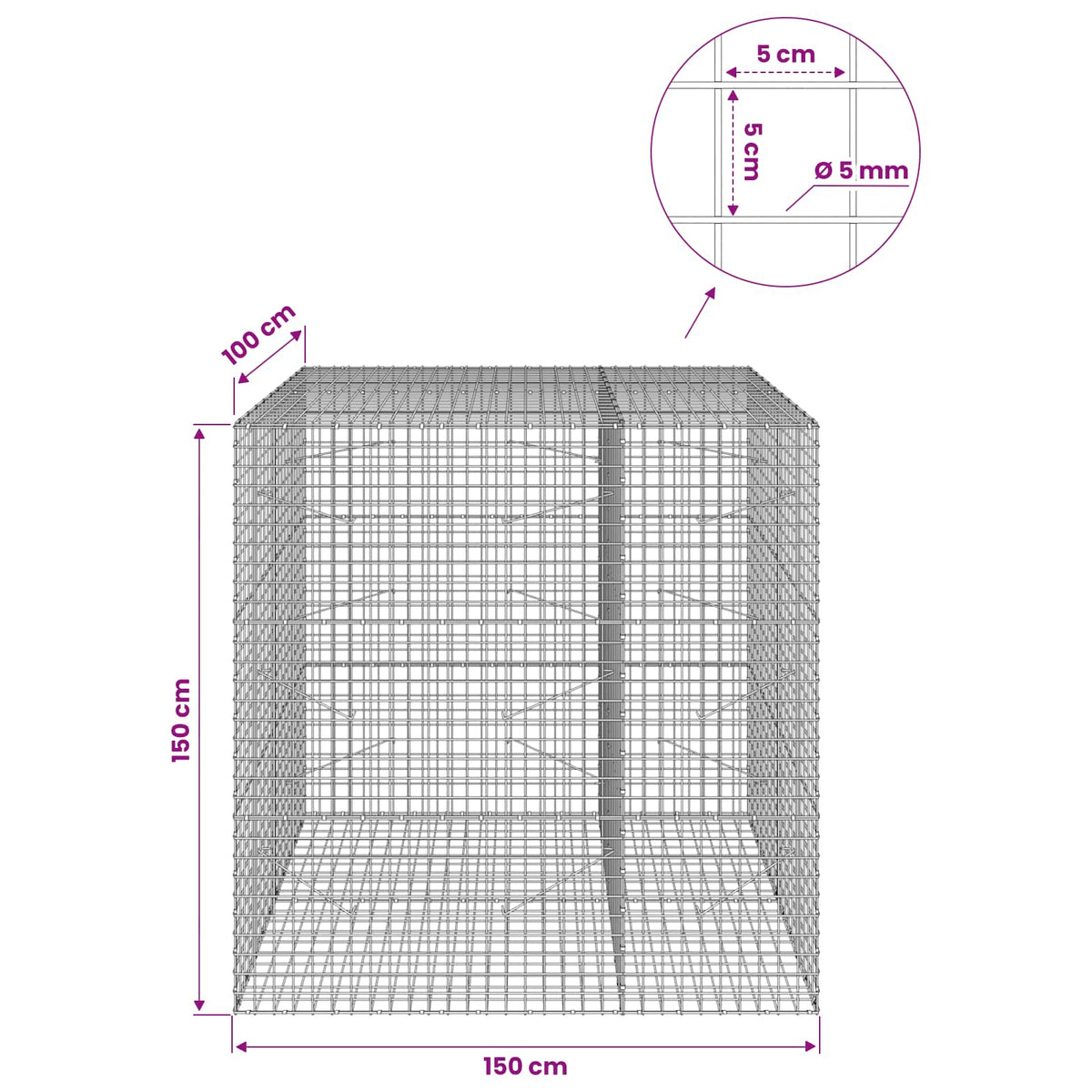 Γκαμπιόν με σύρμα 5 mm και πλέγμα 5x5 cm 150x100x150 εκ. - Pakobazaar