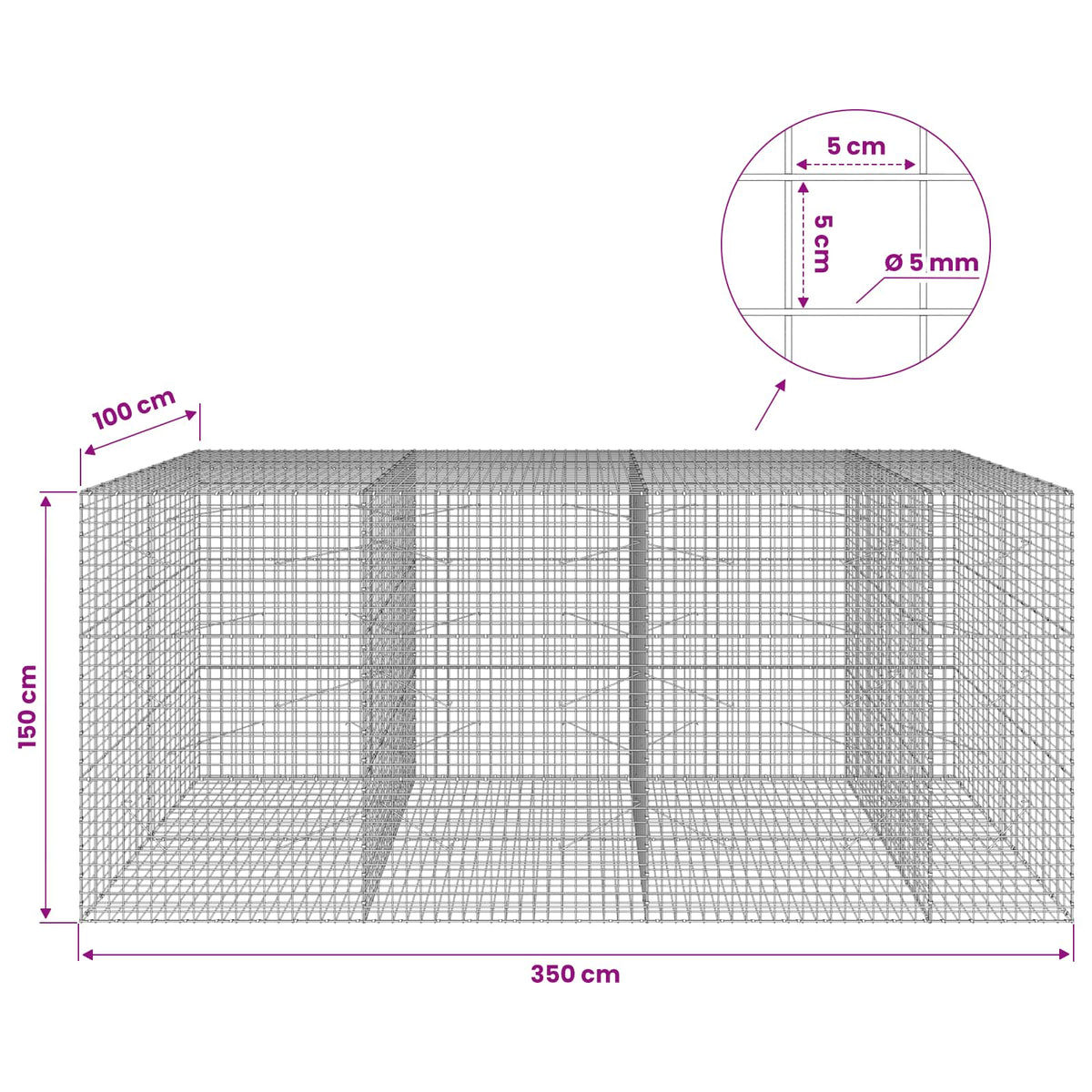 Γκαμπιόν με σύρμα 5 mm και πλέγμα 5x5 cm 350x100x150 εκ. - Pakobazaar