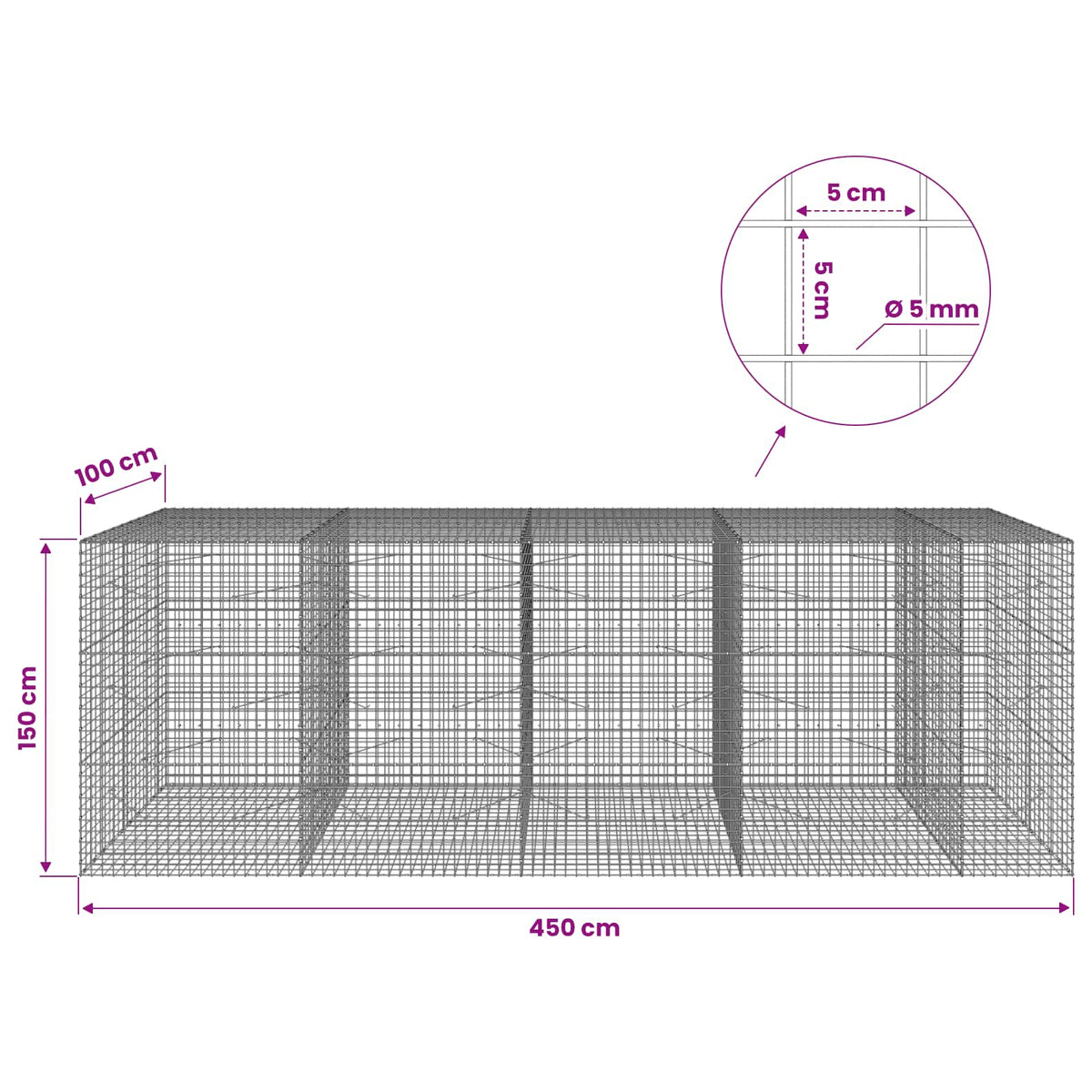 Γκαμπιόν με σύρμα 5 mm και πλέγμα 5x5 cm 450x100x150 εκ. - Pakobazaar