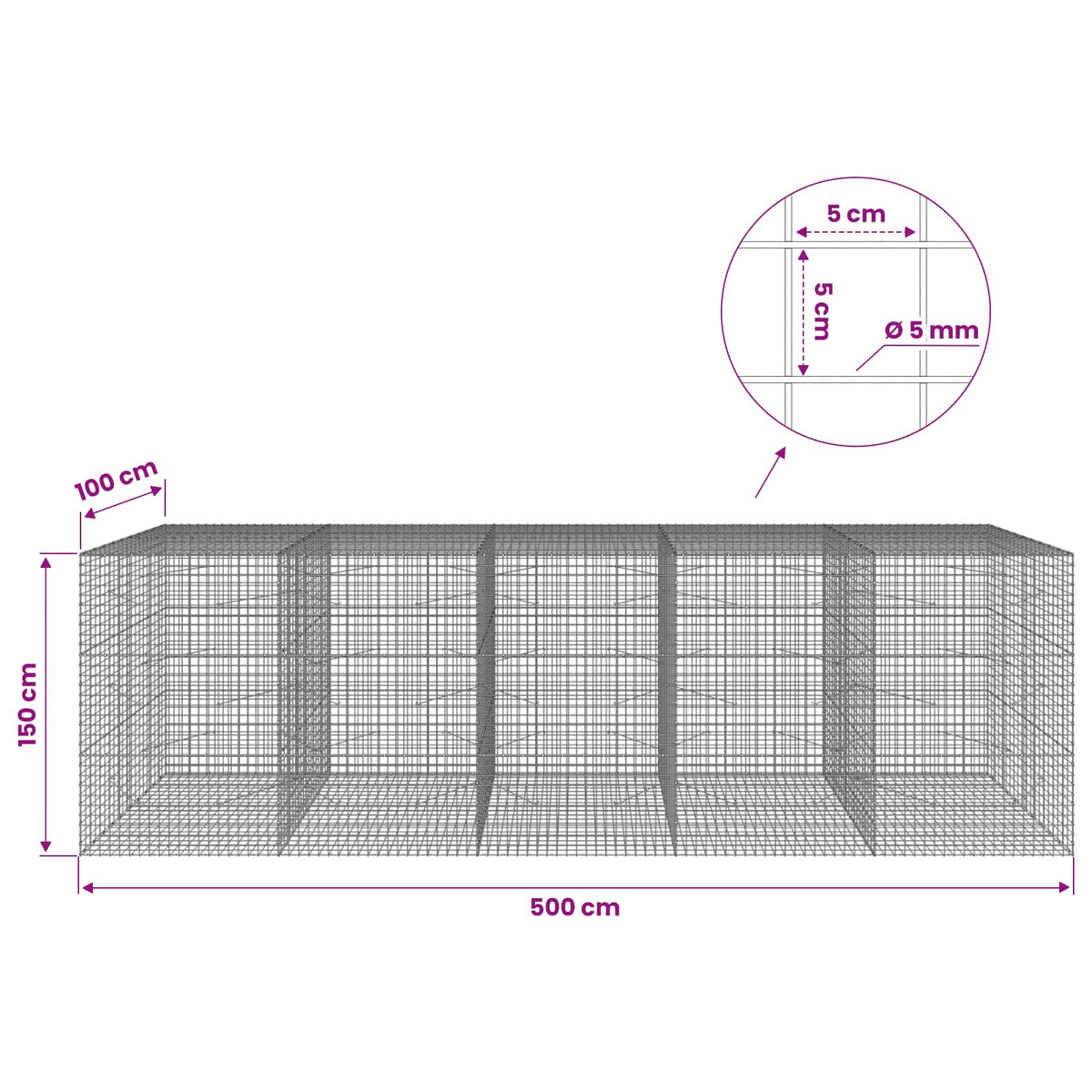Γκαμπιόν με σύρμα 5 mm και πλέγμα 5x5 cm 500x100x150 εκ.
