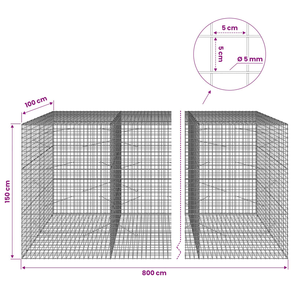 Γκαμπιόν με σύρμα 5 mm και πλέγμα 5x5 cm 800x100x150 εκ.