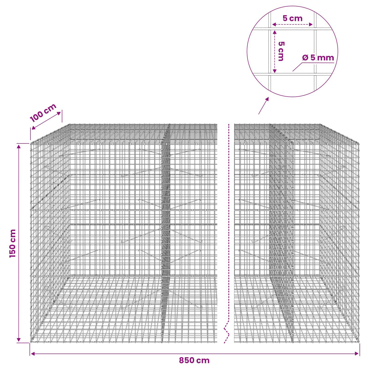 Γκαμπιόν με σύρμα 5 mm και πλέγμα 5x5 cm 850x100x150 εκ