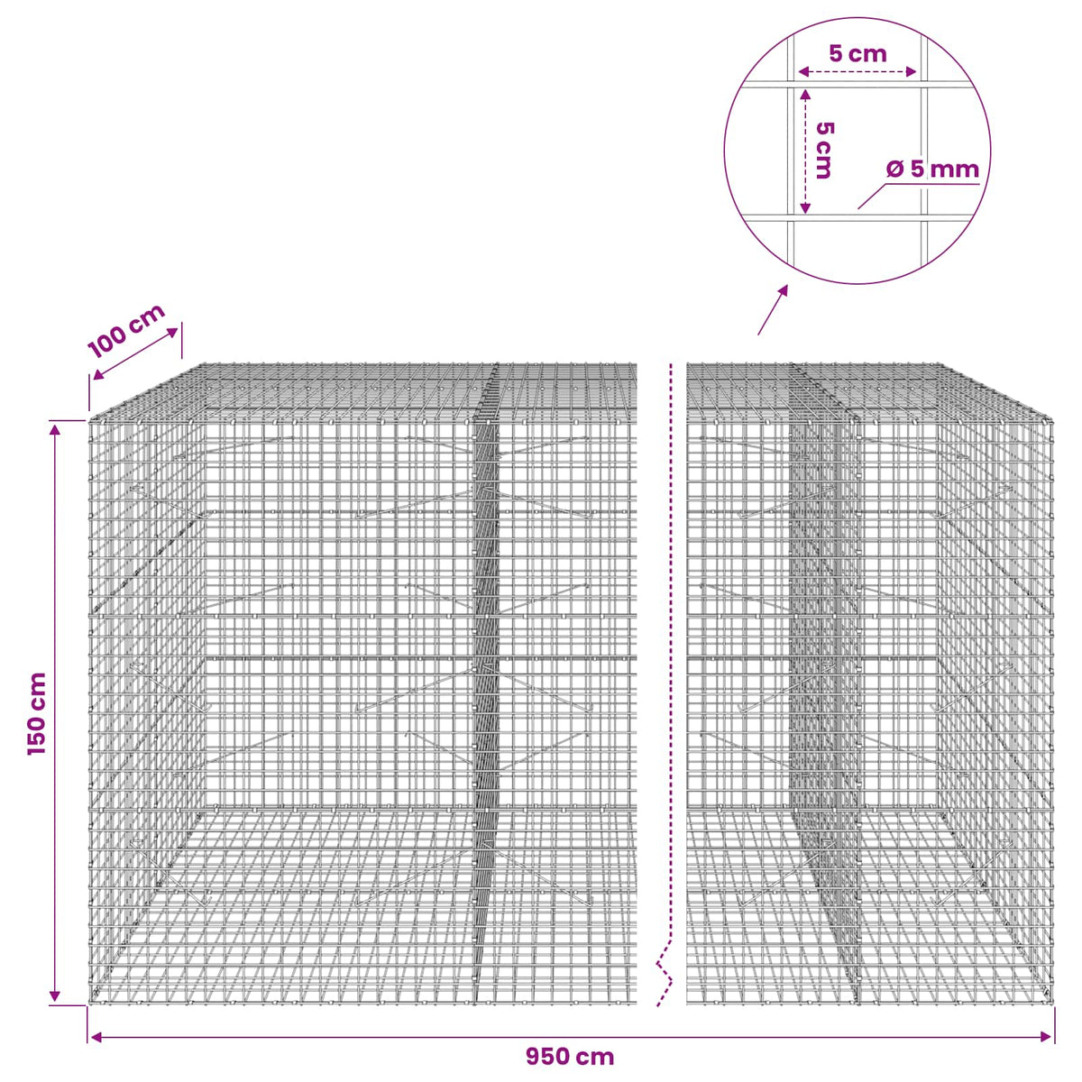 Γκαμπιόν με σύρμα 5 mm και πλέγμα 5x5 cm 950x100x150 εκ. - Pakobazaar