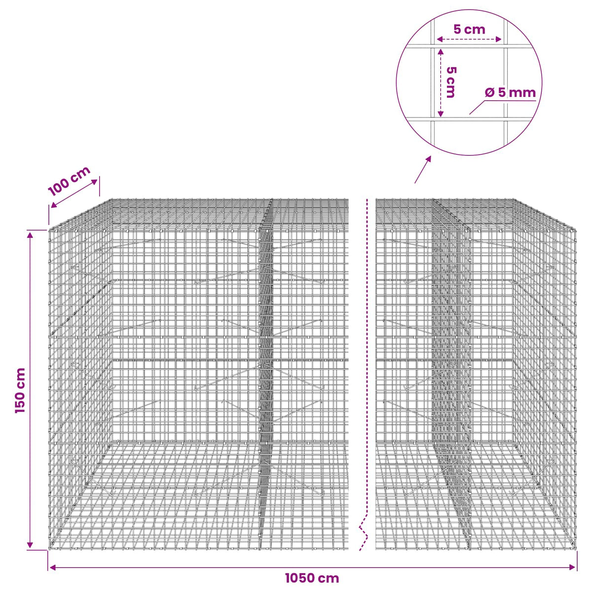 Γκαμπιόν με σύρμα 5 mm και πλέγμα 5x5 cm 1050x100x150 εκ - Pakobazaar