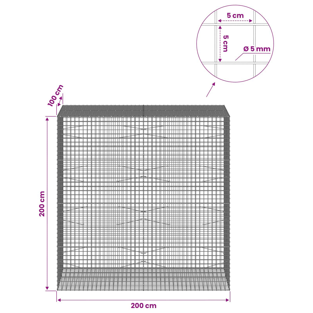Γκαμπιόν με σύρμα 5 mm και πλέγμα 5x5 cm 200x100x200 εκ