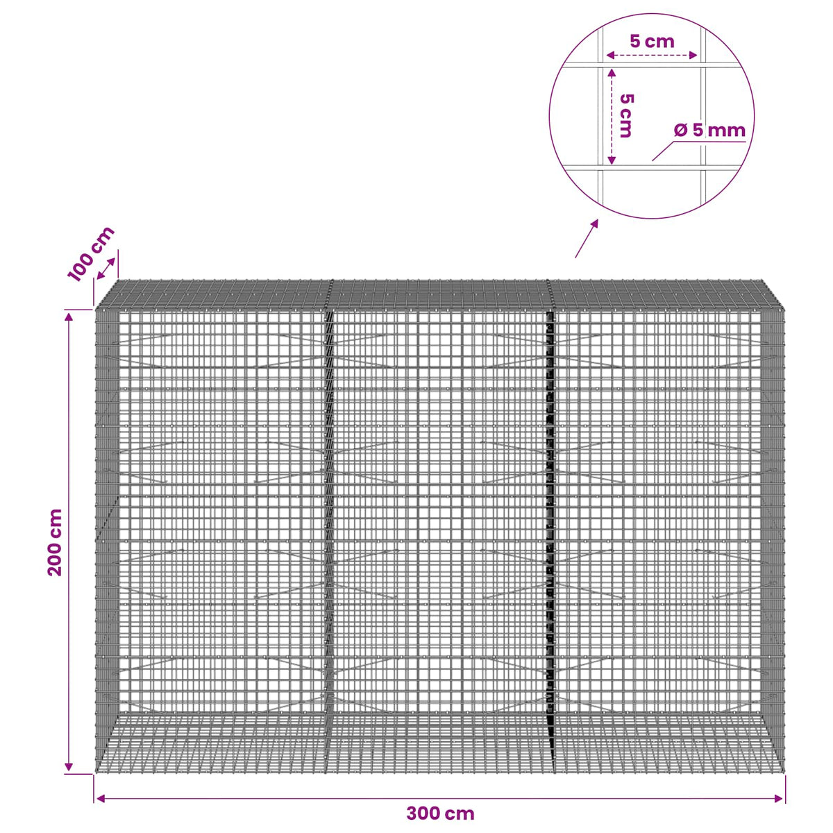 Γκαμπιόν με σύρμα 5 mm και πλέγμα 5x5 cm 300x100x200 εκ