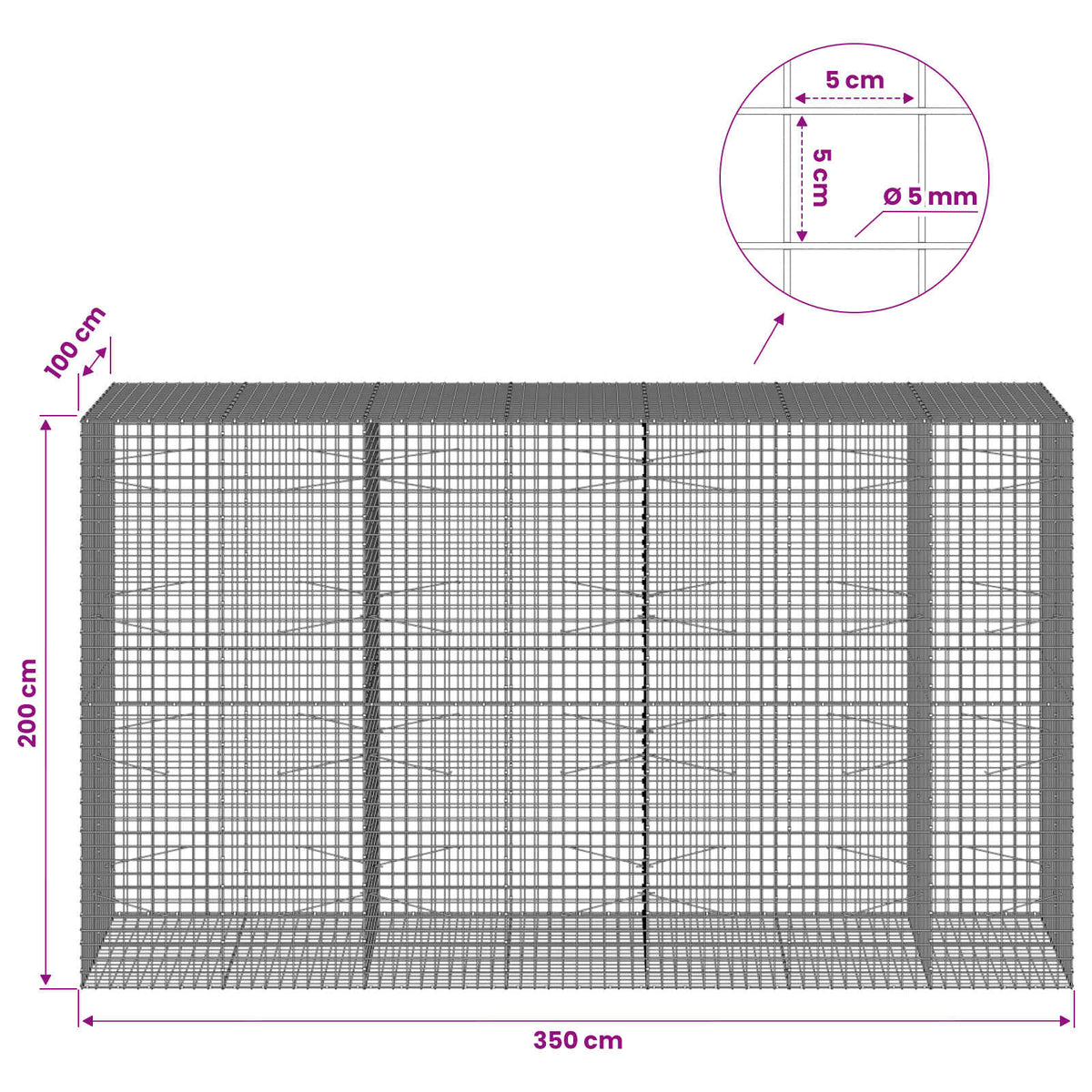Γκαμπιόν με σύρμα 5 mm και πλέγμα 5x5 cm 350x100x200 εκ.
