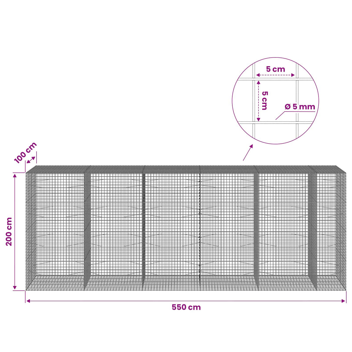 Γκαμπιόν με σύρμα 5 mm και πλέγμα 5x5 cm 550x100x200 εκ. - Pakobazaar