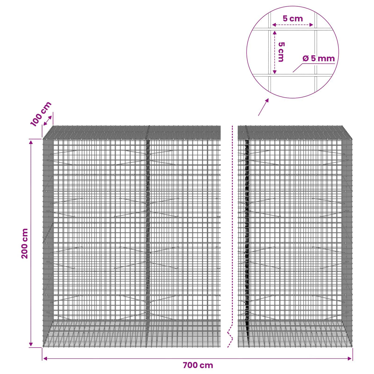 Γκαμπιόν με σύρμα 5 mm και πλέγμα 5x5 cm 700x100x200 εκ.
