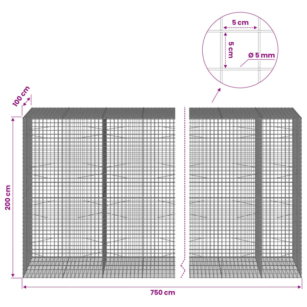 Γκαμπιόν με σύρμα 5 mm και πλέγμα 5x5 cm 750x100x200 εκ. - Pakobazaar