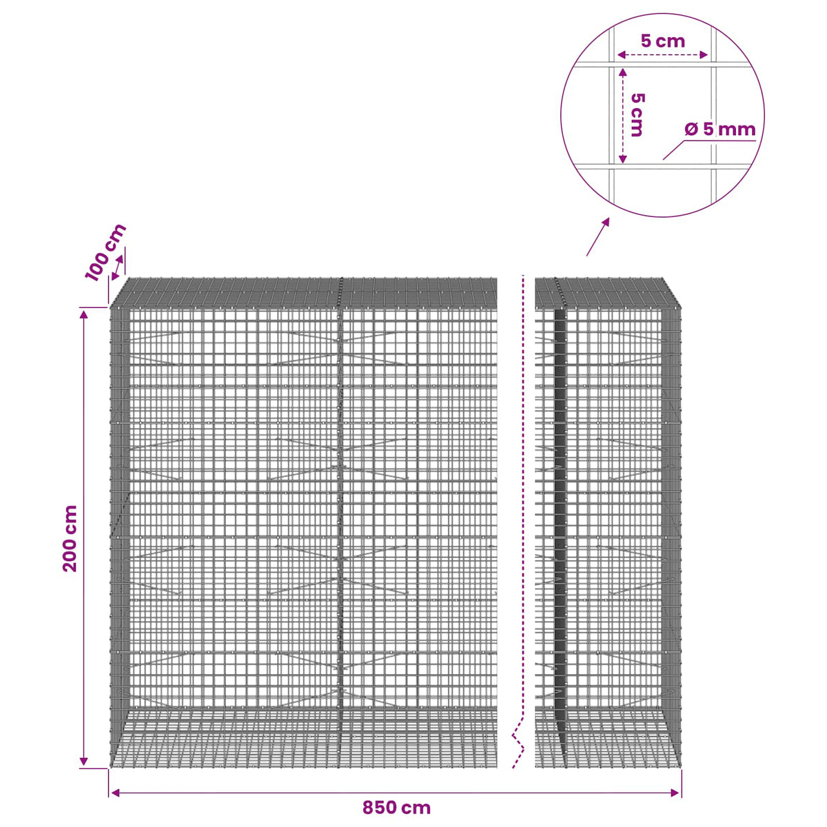 Γκαμπιόν με σύρμα 5 mm και πλέγμα 5x5 cm 850x100x200 εκ - Pakobazaar