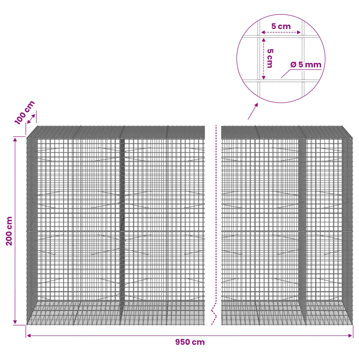 Γκαμπιόν με σύρμα 5 mm και πλέγμα 5x5 cm 950x100x200 εκ - Pakobazaar