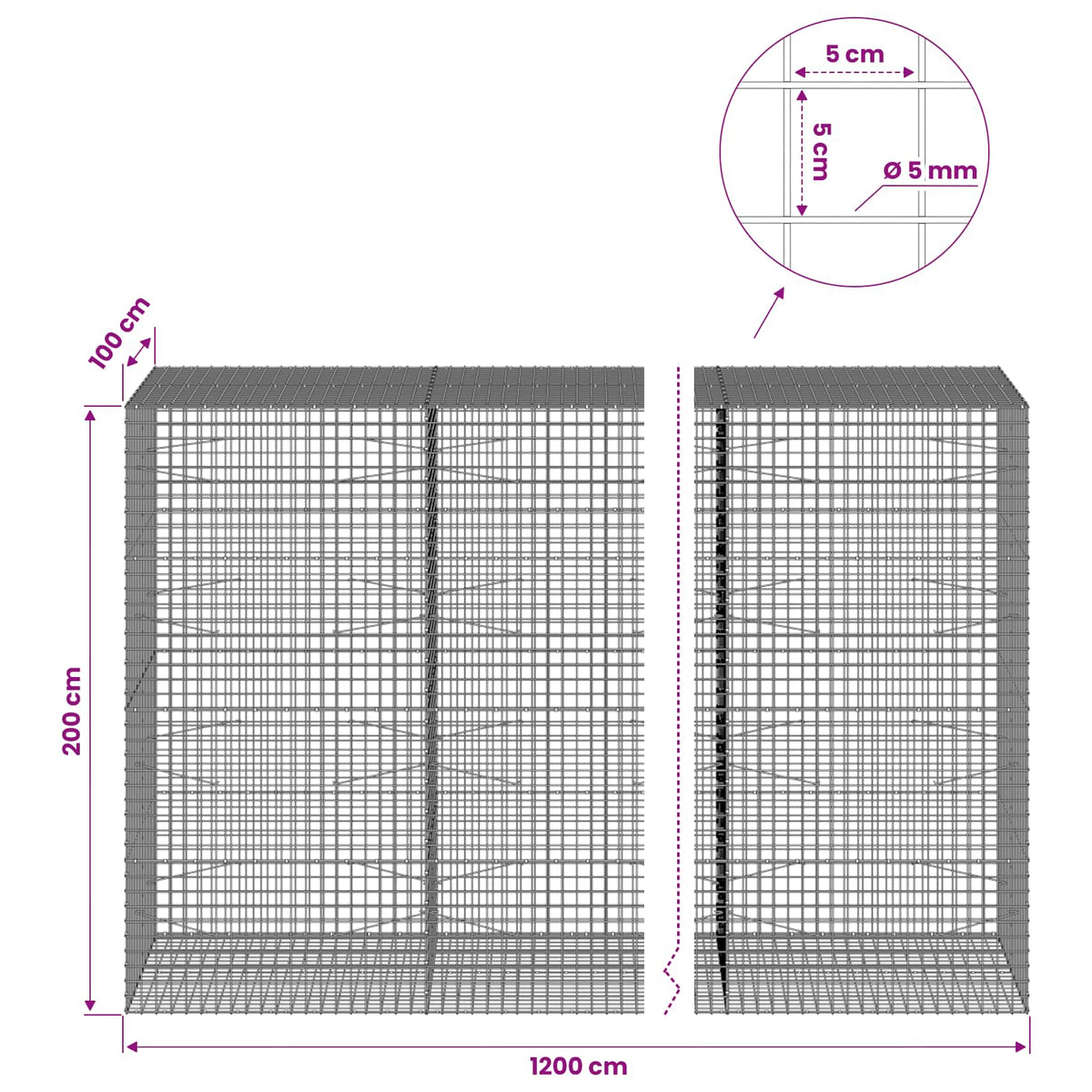 Γκαμπιόν με σύρμα 5 mm και πλέγμα 5x5 cm 1200x100x200 εκ. - Pakobazaar