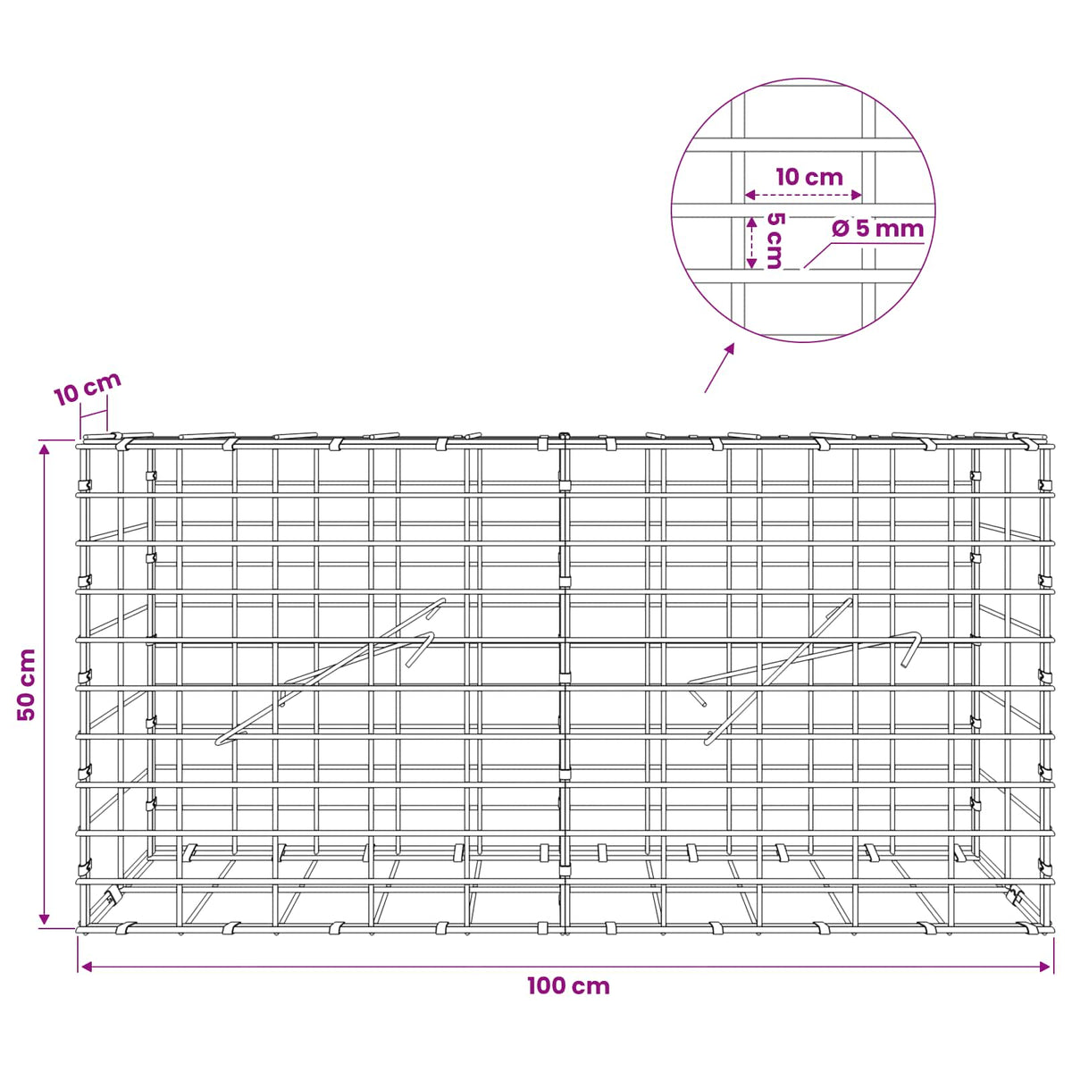 Γκαμπιόν με σύρμα 5 mm και πλέγμα 5x10 cm 100x10x50 εκ - Pakobazaar