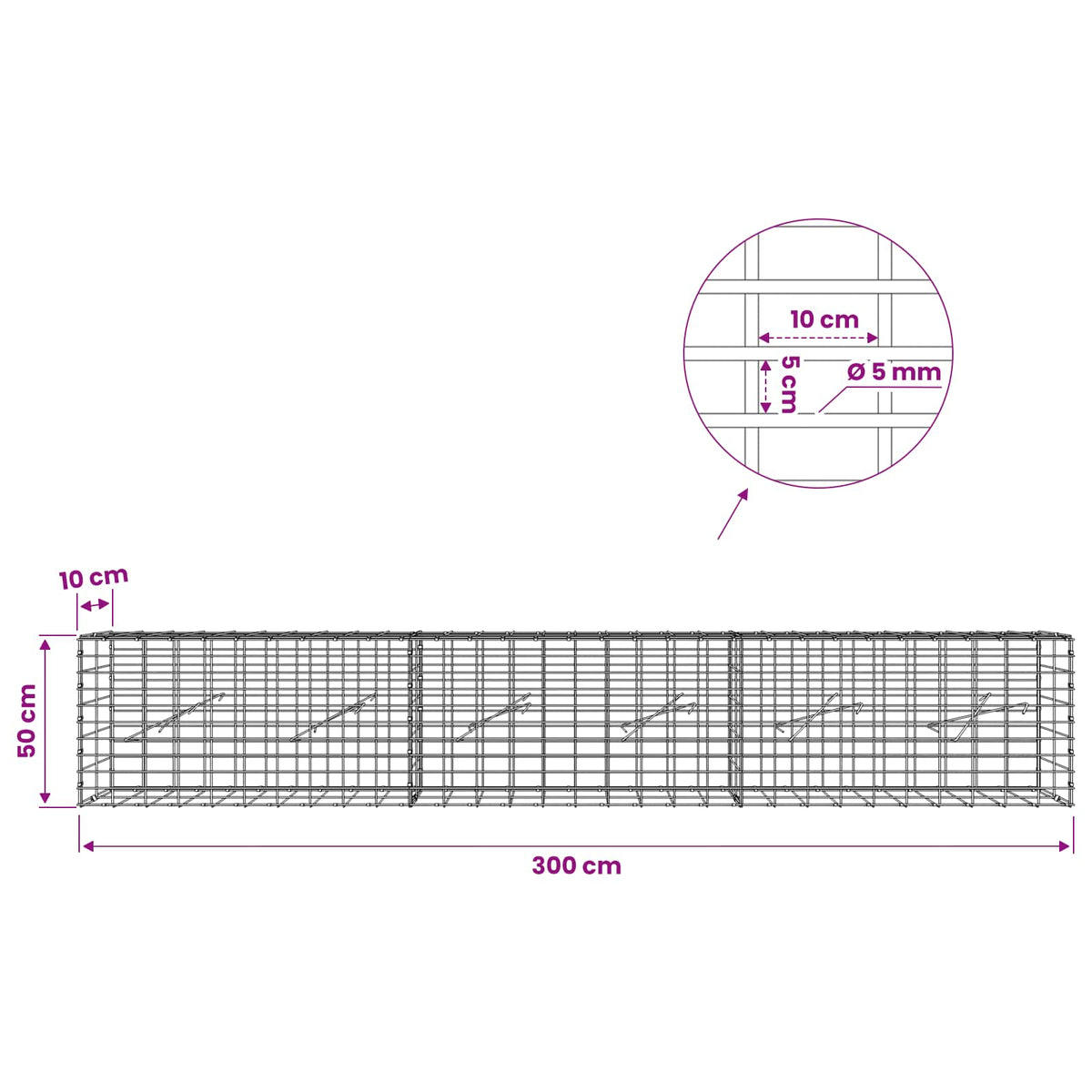 Γκαμπιόν με σύρμα 5 mm και πλέγμα 5x10 cm 300x10x50 εκ - Pakobazaar