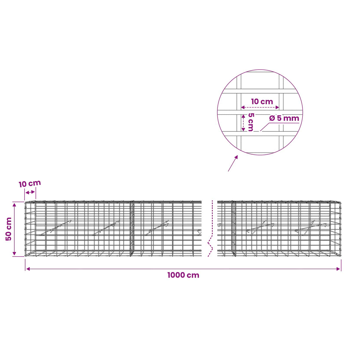Γκαμπιόν με σύρμα 5 mm και πλέγμα 5x10 cm 1000x10x50 εκ - Pakobazaar