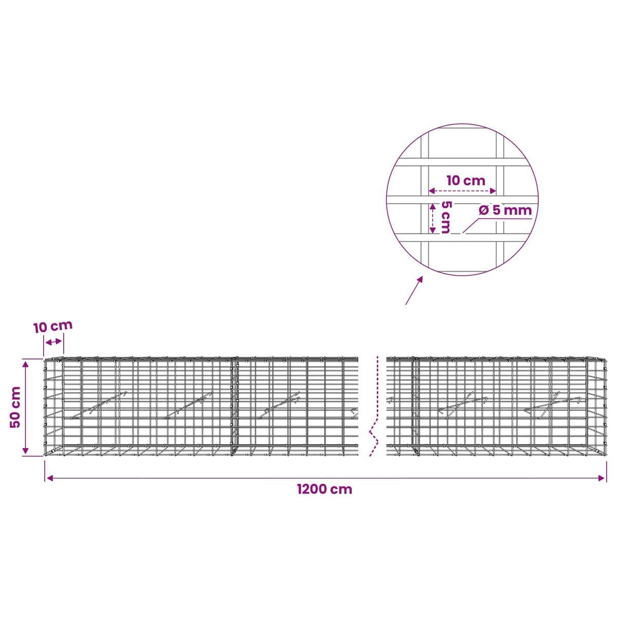 Γκαμπιόν με σύρμα 5 mm και πλέγμα 5x10 cm 1200x10x50 εκ - Pakobazaar