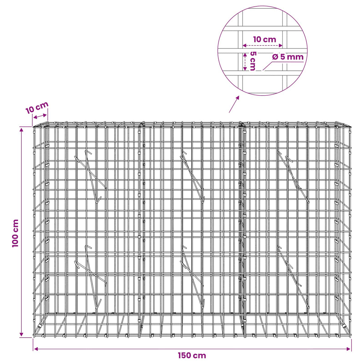Γκαμπιόν με σύρμα 5 mm και πλέγμα 5x10 cm 150x10x100 εκ