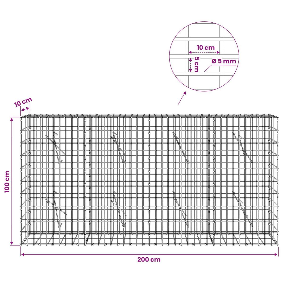 Γκαμπιόν με σύρμα 5 mm και πλέγμα 5x10 cm 200x10x100 εκ