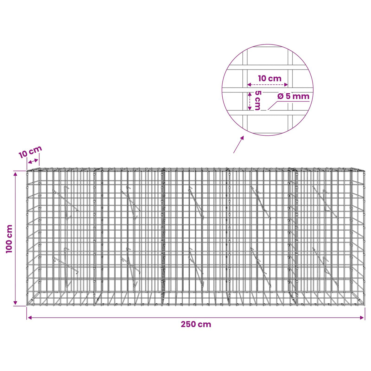 Γκαμπιόν με σύρμα 5 mm και πλέγμα 5x10 cm 250x10x100 εκ - Pakobazaar