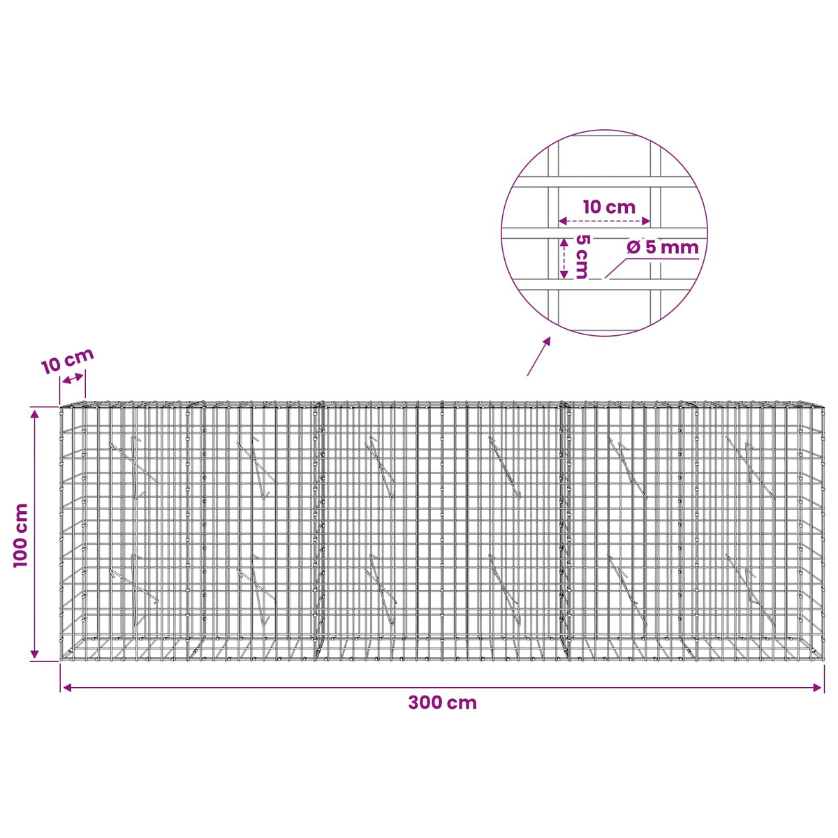 Γκαμπιόν με σύρμα 5 mm και πλέγμα 5x10 cm 300x10x100 εκ