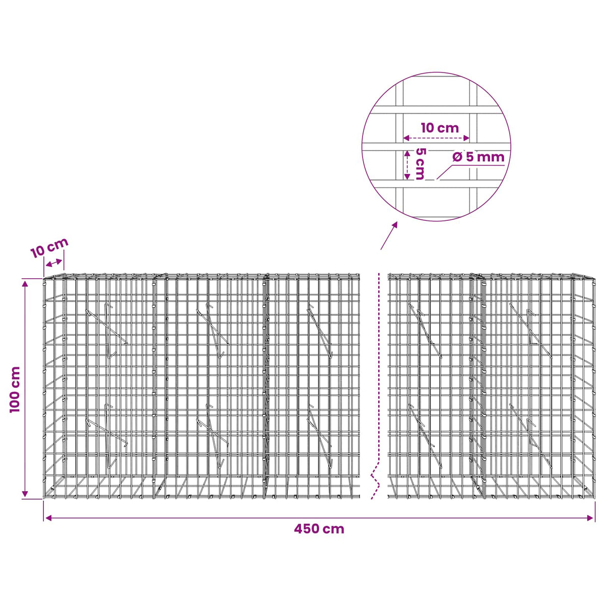 Γκαμπιόν με σύρμα 5 mm και πλέγμα 5x10 cm 450x10x100 εκ. - Pakobazaar