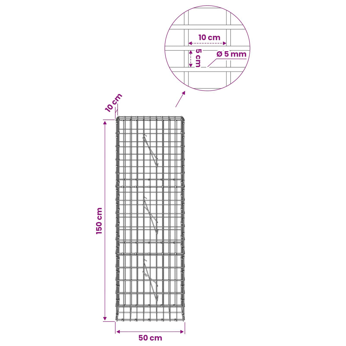 Γκαμπιόν με σύρμα 5 mm και πλέγμα 5x10 cm 50x10x150 εκ. - Pakobazaar