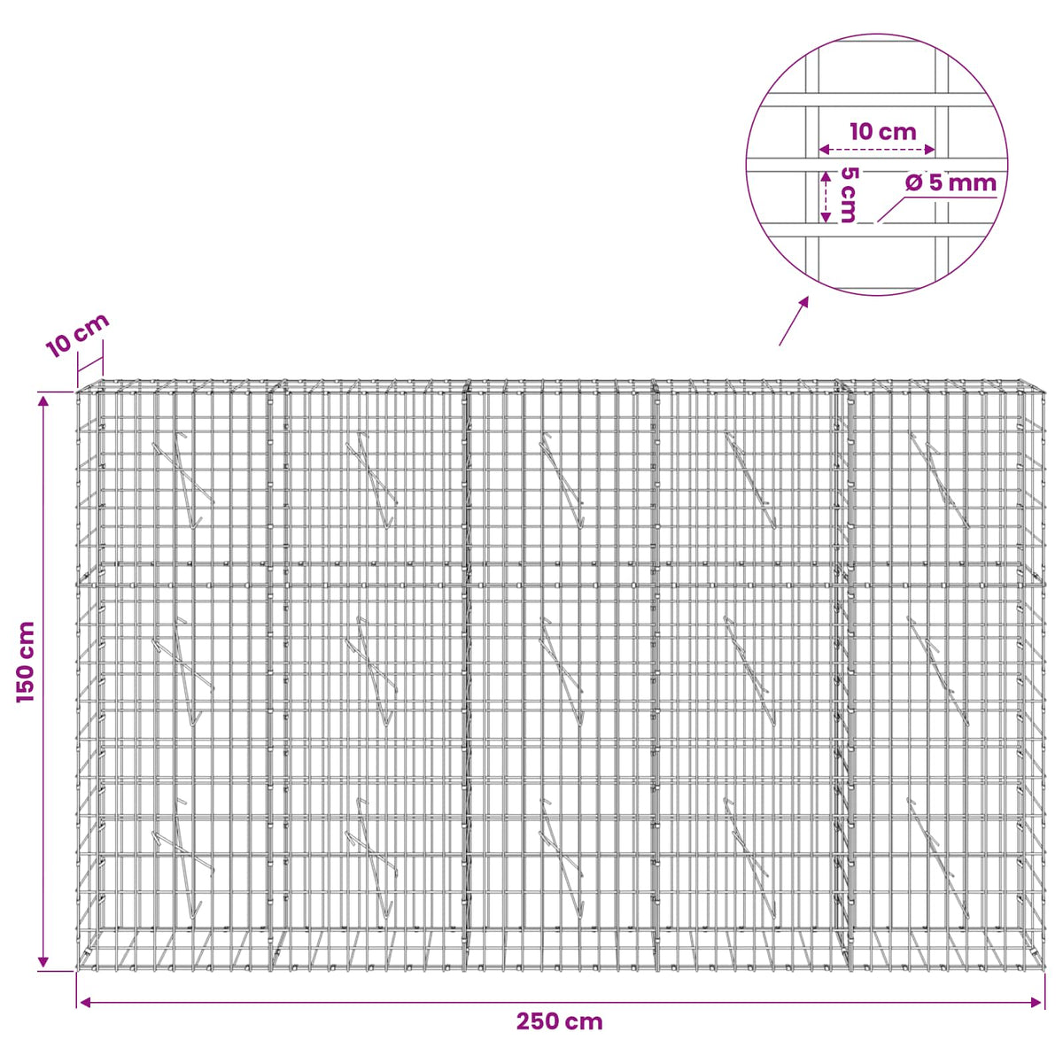 Γκαμπιόν με σύρμα 5 mm και πλέγμα 5x10 cm 250x10x150 εκ - Pakobazaar