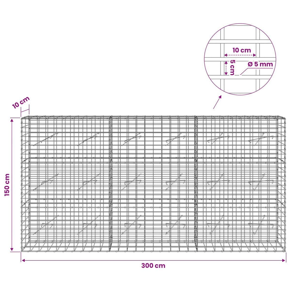 Γκαμπιόν με σύρμα 5 mm και πλέγμα 5x10 cm 300x10x150 εκ - Pakobazaar