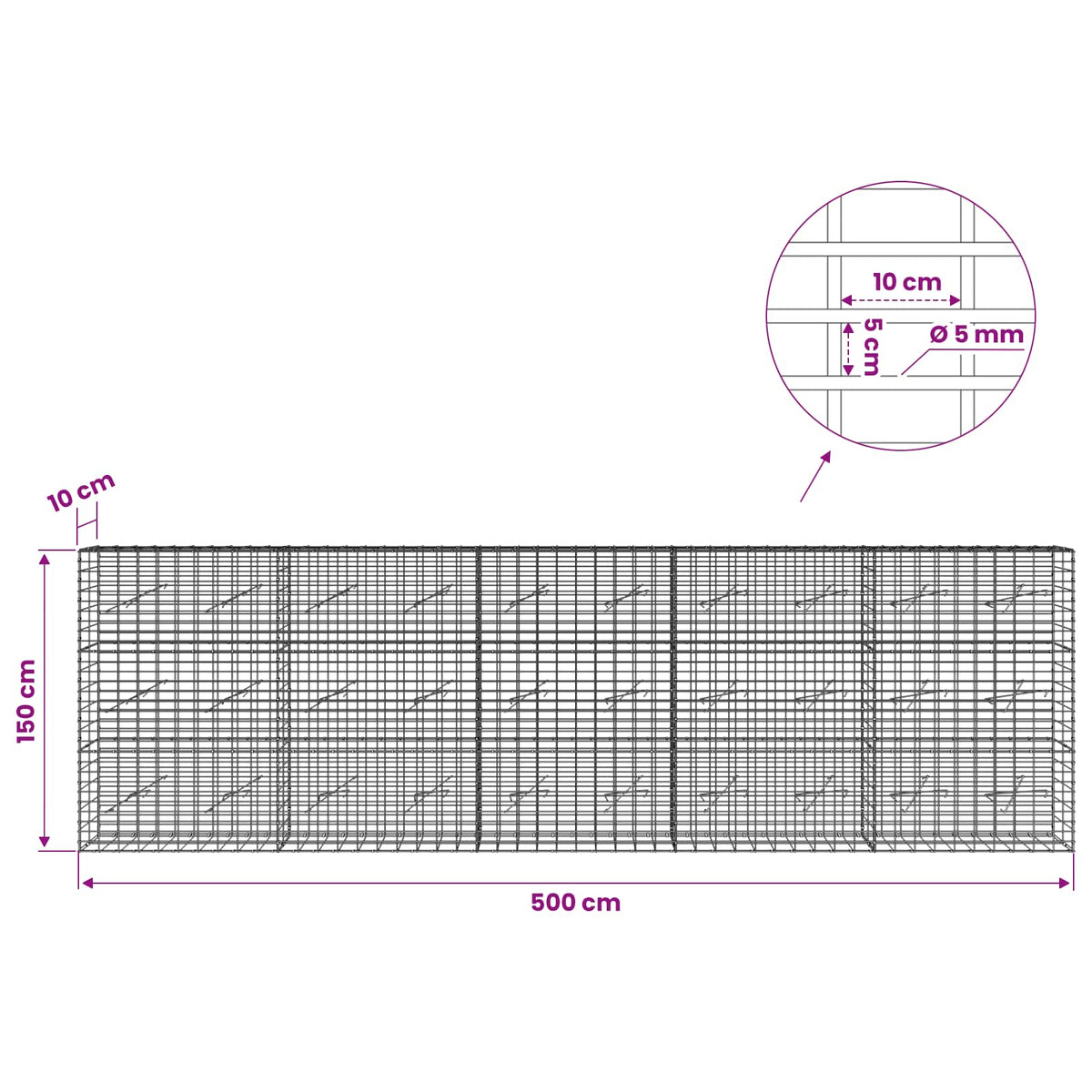 Γκαμπιόν με σύρμα 5 mm και πλέγμα 5x10 cm 500x10x150 εκ