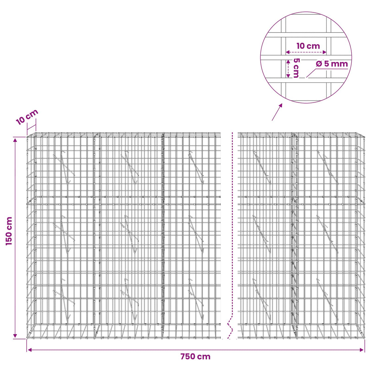 Γκαμπιόν με σύρμα 5 mm και πλέγμα 5x10 cm 750x10x150 εκ - Pakobazaar