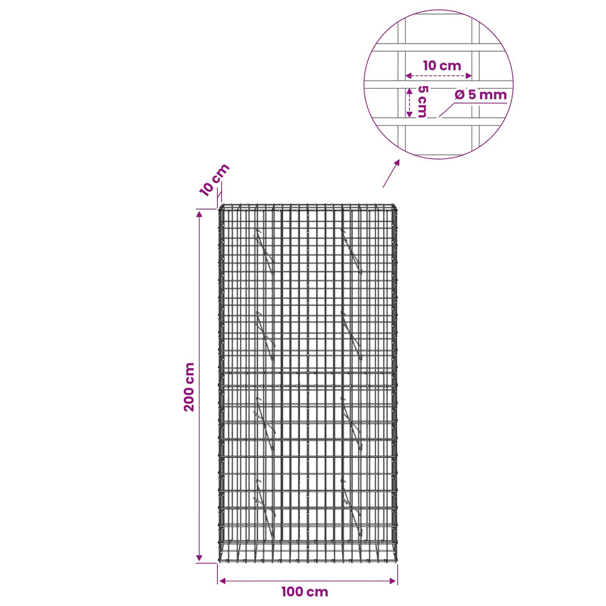 Γκαμπιόν με σύρμα 5 mm και πλέγμα 5x10 cm 100x10x200 εκ - Pakobazaar