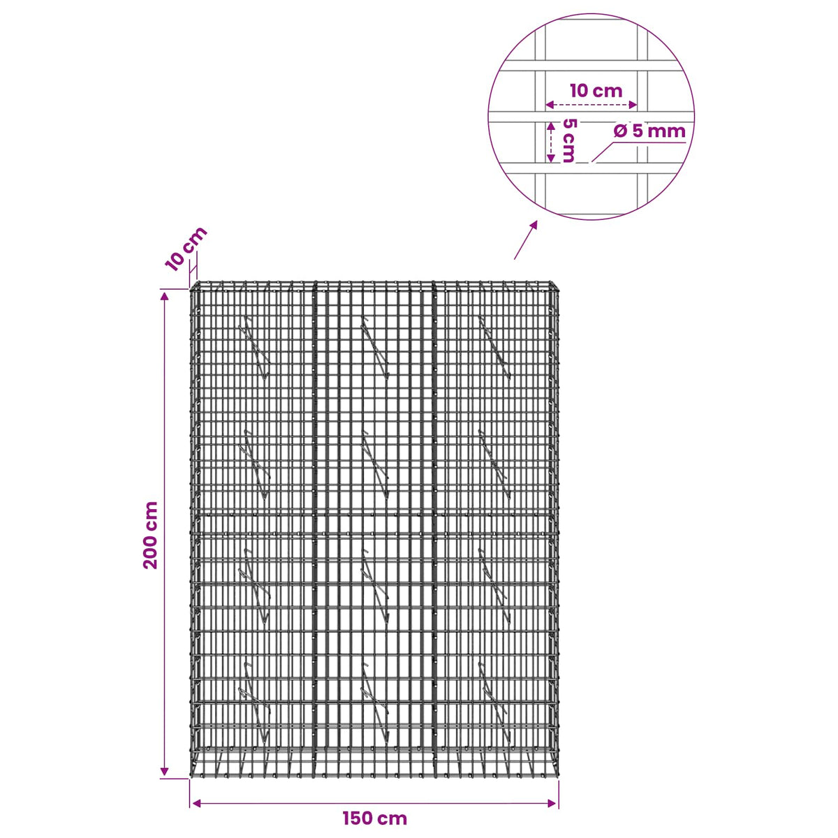 Γκαμπιόν με σύρμα 5 mm και πλέγμα 5x10 cm 150x10x200 εκ