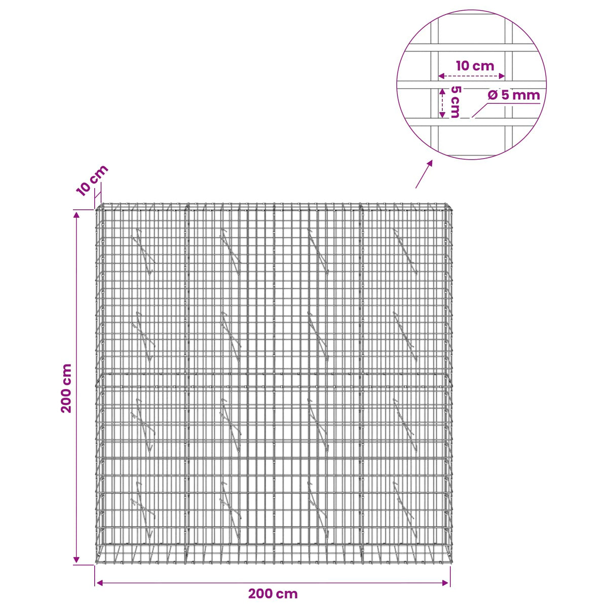Γκαμπιόν με σύρμα 5 mm και πλέγμα 5x10 cm 200x10x200 εκ - Pakobazaar